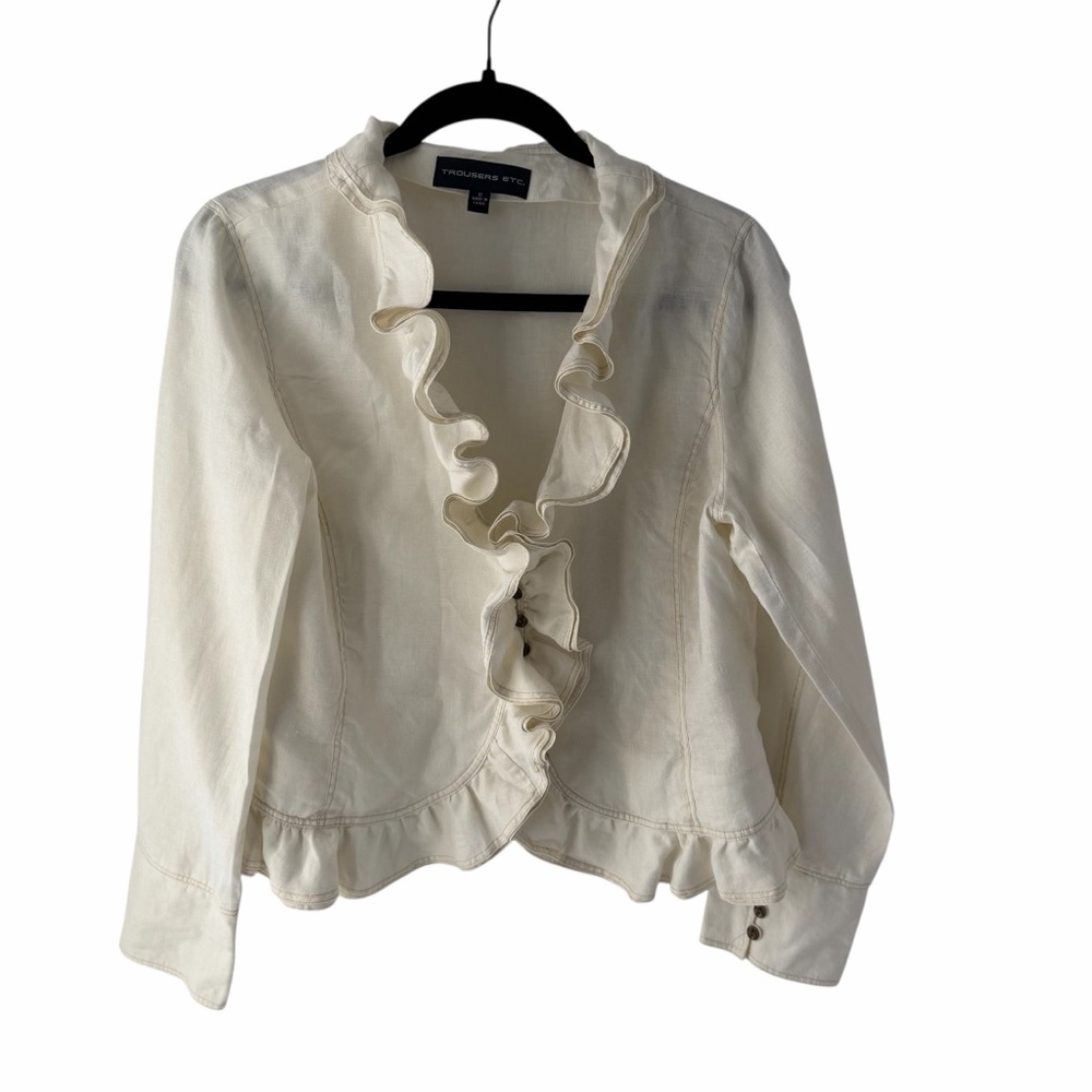 Ivory 100% Linen Ruffled Blazer